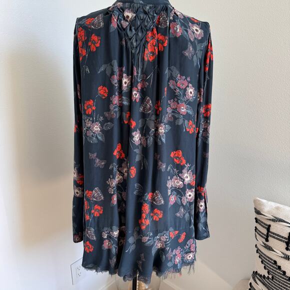 Free People Pebble Crepe So Fine Smocked Tunic Top Floral Gray Frayed Hem Small - Picture 5 of 15